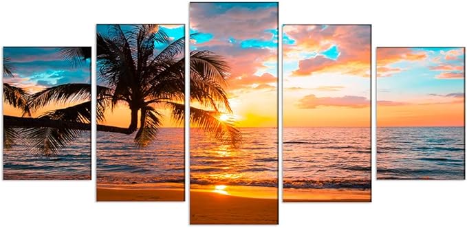 Abstract Ocean Photo Painting Poster Printed Abstract Landscape Blue Sky Screen Beautiful Ocean Beach Wall Art Canvas Print Framed Picture Painting for Room Home Decorations (C-5pcs,80"x40")