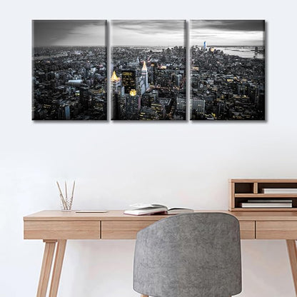 TUMOVO Manhattan, New York USA Downtown City Skyline Modern Artwork Wall Decor 3 Panel Skyscrapers Cityscape Pictures Bathroom Decor Wall Art Framed Ready to Hang (36" Wx16 H)