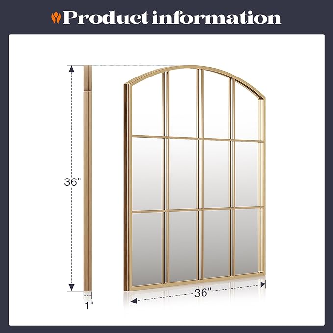 36" x 36" Farmhouse Arched Gold Wall Mirror, Gold Window Pane Mirrors, Rustic Large Grid Mirror for Living Room, Bedroom, Hallway, Entryway