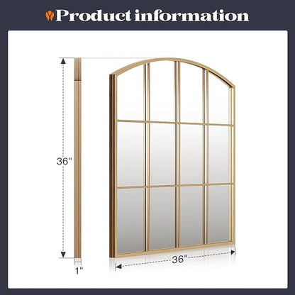 36" x 36" Farmhouse Arched Gold Wall Mirror, Gold Window Pane Mirrors, Rustic Large Grid Mirror for Living Room, Bedroom, Hallway, Entryway