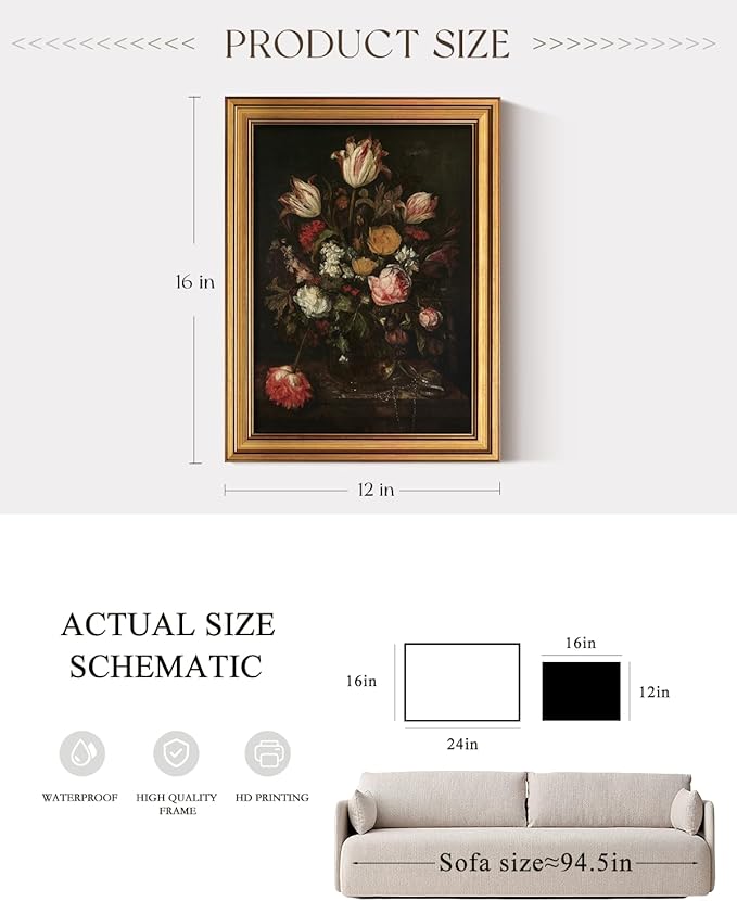 VIYYIEA ﻿Vintage Framed Floral Wall Art, Dark Flower Bouquet Retro Wall Decor, Moody Rose Floral and Tulips Paintings Farmhouse Home Decoration for Living Room Bathroom, 12x16inch