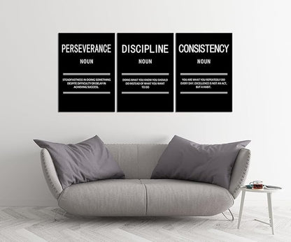 3 Panel Inspirational Canvas Perseverance Discipline Consistency Print Wall Art Motivational Poster Painting Modern Inspiring Artwork for Home Living Room Office Decor Ready to Hang [60''Wx 28''H]