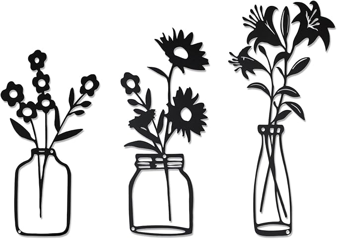 QZGXDECO Black Metal Flower Wall Decor,Metal Vase Wall Art,Minimalist Floral Wall Sculptures,Hanging Decor for Kitchen Dining Room Living Room Bathroom Bedroom(11.5'' X 3PCS)