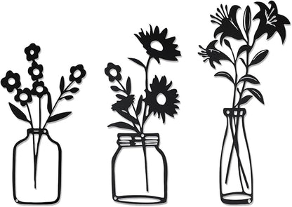 QZGXDECO Black Metal Flower Wall Decor,Metal Vase Wall Art,Minimalist Floral Wall Sculptures,Hanging Decor for Kitchen Dining Room Living Room Bathroom Bedroom(11.5'' X 3PCS)