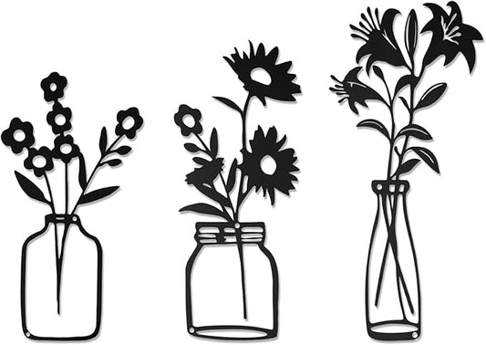 QZGXDECO Black Metal Flower Wall Decor,Metal Vase Wall Art,Minimalist Floral Wall Sculptures,Hanging Decor for Kitchen Dining Room Living Room Bathroom Bedroom(11.5'' X 3PCS)