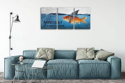 3 Panels Modern Framed Inspirational Canvas Wall Art Goldfish Body Strong Shark Heart Mindset is Everything Motivational Wooden Decor Posters for Office Gym Classroom Home Decoration(60''W x 28''H)