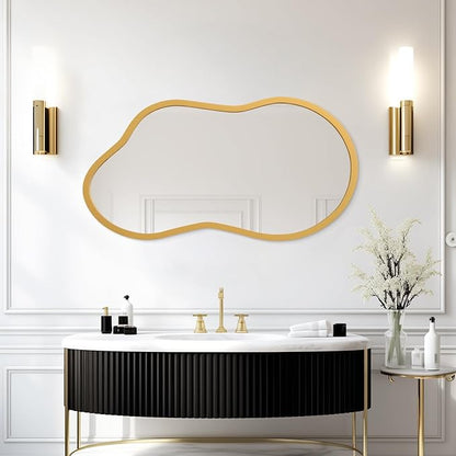 AAZZKANG Large Wall Mirror with Wood Framed 26"x16" Gold Irregular Hanging Mirrors Asymmetrical for Bathroom Bedroom Living Room Entryway