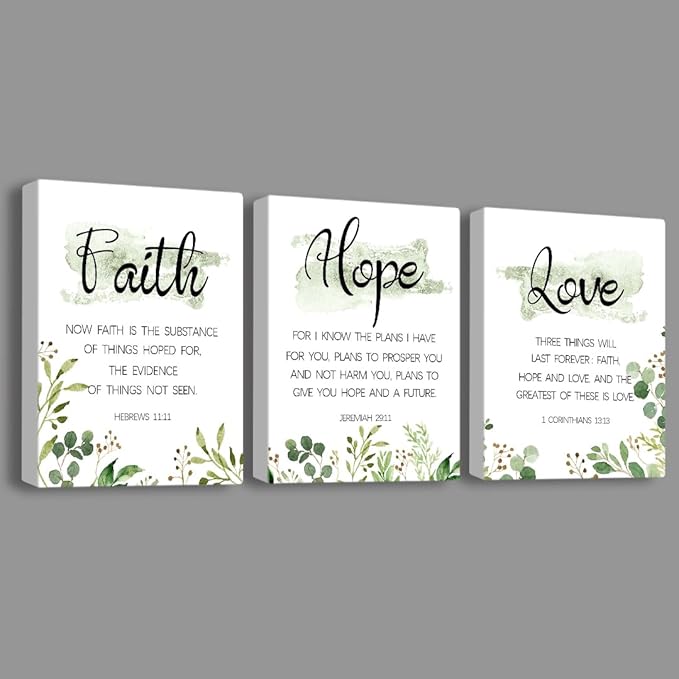 Faith, Hope & Love Bible Verse Inspirational Wall Art, Christian Canvas, A Great Religious Decor Gift for Living Room & Bedroom, (29 x 38cm x 3pcs) Framed (Green)