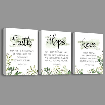Faith, Hope & Love Bible Verse Inspirational Wall Art, Christian Canvas, A Great Religious Decor Gift for Living Room & Bedroom, (29 x 38cm x 3pcs) Framed (Green)