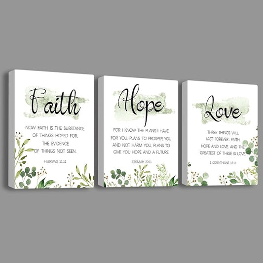 Faith, Hope & Love Bible Verse Inspirational Wall Art, Christian Canvas, A Great Religious Decor Gift for Living Room & Bedroom, (29 x 38cm x 3pcs) Framed (Green)
