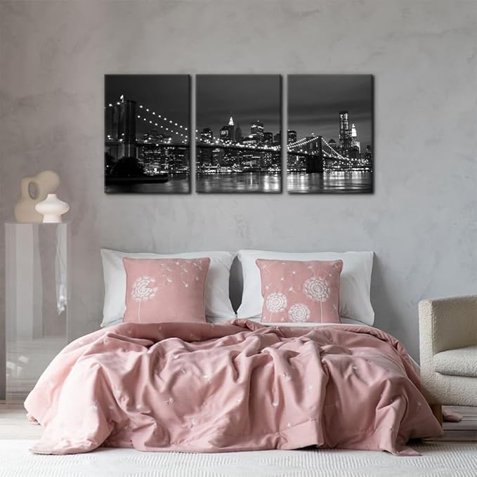 Pacimo New York Brooklyn Bridge Canvas Wall Art 3 Panels Night View Modern Landscape Artwork Cityscape Pictures Prints on Canvas Wall Decor for Home & Office Decoration - 20"x28"x3