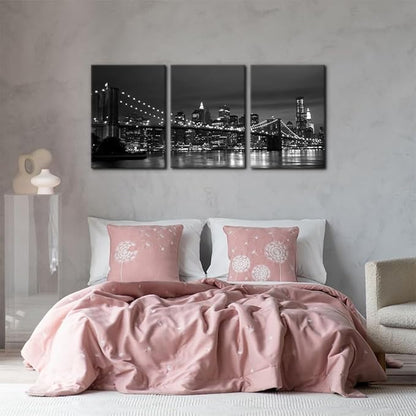 Pacimo New York Brooklyn Bridge Canvas Wall Art 3 Panels Night View Modern Landscape Artwork Cityscape Pictures Prints on Canvas Wall Decor for Home & Office Decoration - 20"x28"x3