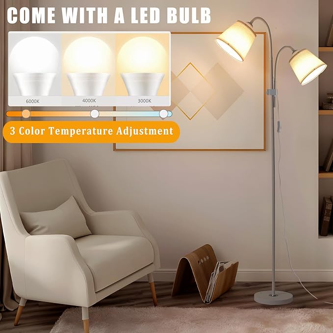 Floor Lamp, Industrial Metal Floor Lamps for Living Room with Adjustable Bendable 2 in 1 Reading Table Lamps for Living Room Bedroom Office (W2+Linen)