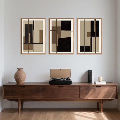 Abstract Shapes Framed Canvas Wall Art Set, Mid-Century Black Polygon Wall Decor, Black Brown Irregular Painting, Neutral Modern Art Print for Living Room, Dining Room, Office-16 x24 x3