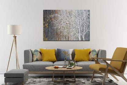 Yihui Arts Autumn Painting On Canvas White Tree Wall Art Large Landscape Falling No Leaves Artwork for Bar Club Decoration Ready to Hang