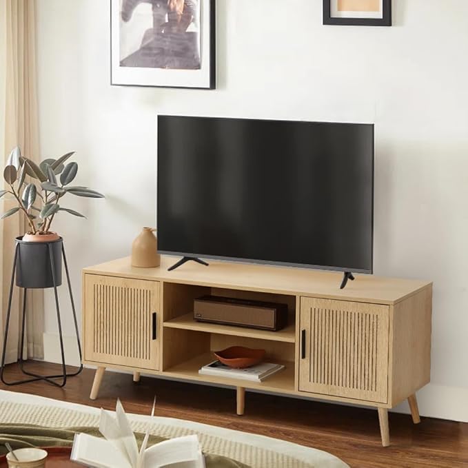 Modern TV Stand for 65 Inch TV, Entertainment Center with 2 Storage Cabinets and Adjustable Shelf, Solid Wood Feet, 4 Cord Holes, Groove Stripe Media TV Console Table for Living Room Bedroom (Natural)