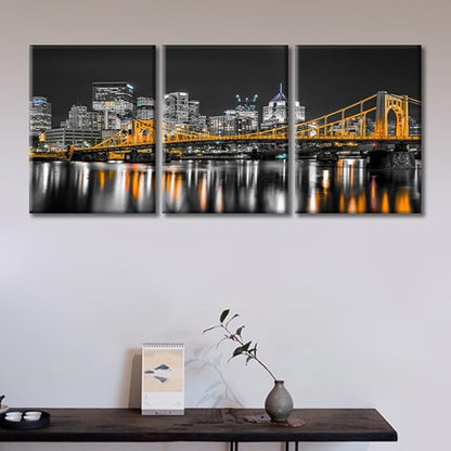 TUMOVO Pittsburgh Pennsylvania Cityscape Home Decor Art Prints Ninth Street Bridge Allegheny River Pictures Bathroom Decor Wall Art 3 Panel Artwork Framed Ready to Hang (36" Wx16 H)