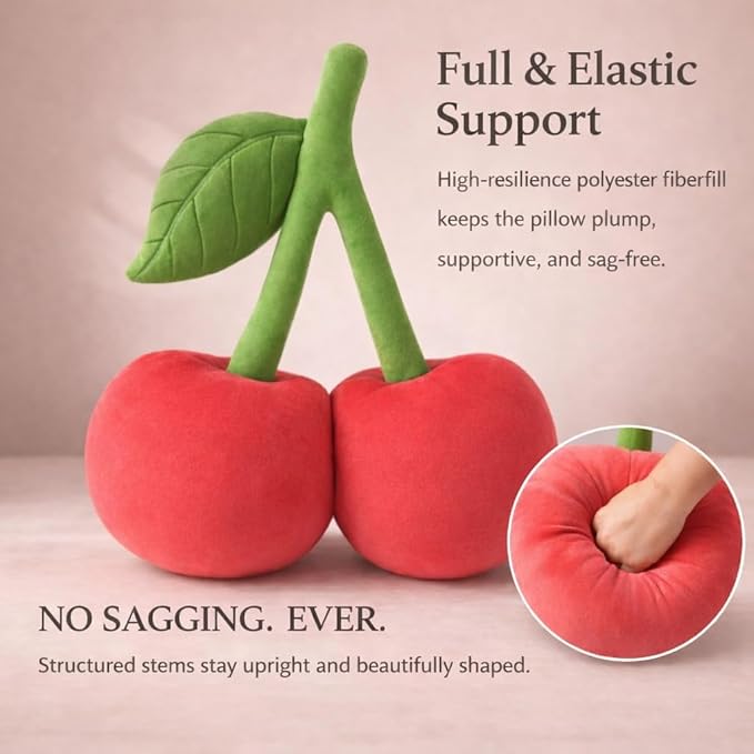 Cherry Pillow for Preppy Room Decor –17x14 In 3D Decorative Cherry Throw Pillow in Luxe Velvet –Shape Hold Fill Fruit Cushion with Sculpted Stem & Embroidered Leaf for Sofa & Aesthetic Home Decor Pink