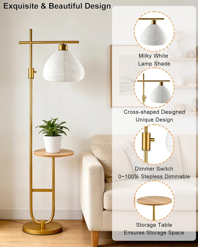 Lightdot Gold Floor Lamp with Table, Modern Standing Lamp Rotary Switch with Shelves, Dimmable Brass Tall Lamps Mid Century Corner Floor Lamp for Living Room, Bedroom, Study, Office - E26 Bulb, 3000K