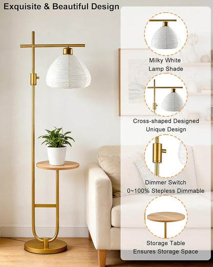 Lightdot Gold Floor Lamp with Table, Modern Standing Lamp Rotary Switch with Shelves, Dimmable Brass Tall Lamps Mid Century Corner Floor Lamp for Living Room, Bedroom, Study, Office - E26 Bulb, 3000K