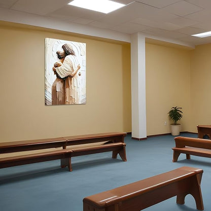 KADEYEE Jesus Embracing Woman Canvas Wall Art Woman Lying Safely In The Arms Of Jesus Wall Decor Religious Christian Prints Poster Pictures Home Decor for Bedroom Living & Prayer Room 12x16 inch