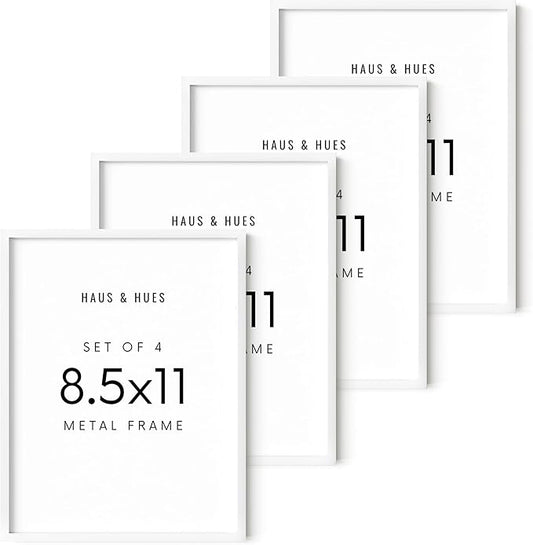HAUS AND HUES 8.5x11 White Aluminum Frame Set of 4 - Diploma & Certificate Display, Shatterproof Plexiglass (8.5x11 in, White)