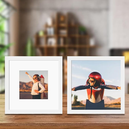 12x12 Picture Frame Set of 9, Display Pictures 8x8 with Mat or 12x12 without Mat, Multi Collage Gallery Square Photo Frames for Wall or Tabletop, White