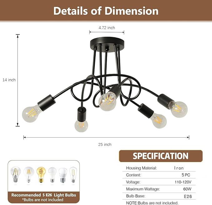 Modern Farmhouse Chandelier,25 Inch 5 Light Sputnik Semi Flush Mount Ceiling Light, Metal Black Rustic Light Fixture for Dining Room Bedroom Kitchen Hallway Entryway