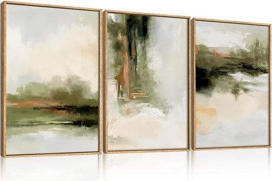 KAIRNE Green Abstract Neutral Framed Canvas Wall Art Set,Modern Watercolor Shapes Wall Decor,Minimalist Pastel Art Prints,Brown Gray Tan Artwork for Living Room,Bedroom,Farmhouse,Office-24 x36 x3