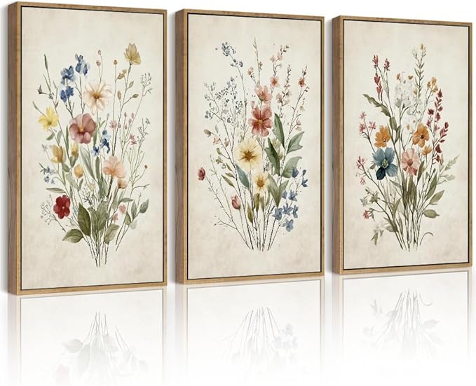 Drsoum Vintage Flower Bouquet Framed Retro Wildflower Botanical Pictures Prints Modern Colorful Floral Rustic Artwork Bedroom Living Room Ready to Hang 11x14in Natural Framed