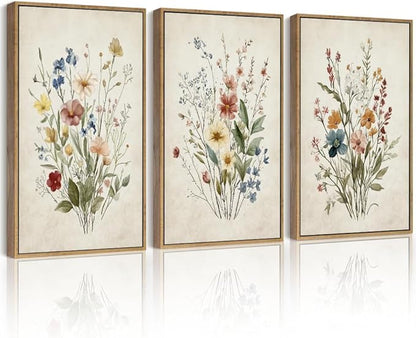 Drsoum Vintage Flower Bouquet Framed Retro Wildflower Botanical Pictures Prints Modern Colorful Floral Rustic Artwork Bedroom Living Room Ready to Hang 11x14in Natural Framed