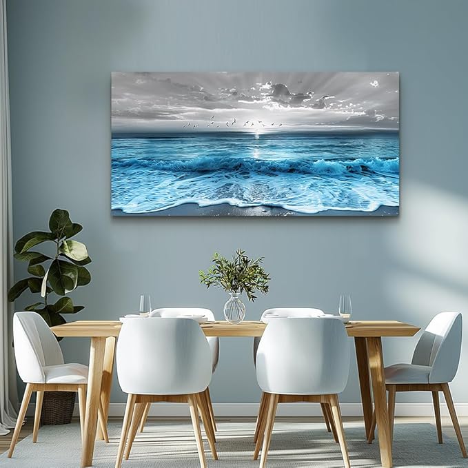 ERQINHUA Large Canvas Wall Decor For Living Room Wall Art For Bedroom Office Dining room Decorations Blue Sea Wave Ocean Paintings Beach Artworks Wall Pictures Modern Inspiration Home Decor 24"X48"