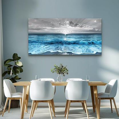 ERQINHUA Large Canvas Wall Decor For Living Room Wall Art For Bedroom Office Dining room Decorations Blue Sea Wave Ocean Paintings Beach Artworks Wall Pictures Modern Inspiration Home Decor 24"X48"