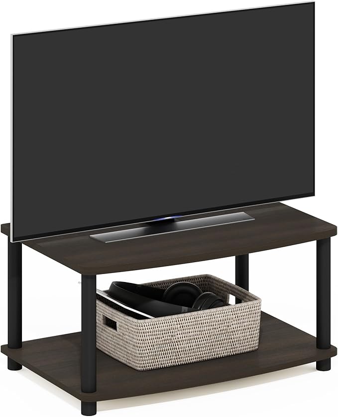 Furinno TURN-N-TUBE TV Riser Stand, 2-Tier Small Elevated No Tools TV Stand with Plastic Poles, Console for TV up to 32 inch, 15.8 x 23.8 x 11, for Living Room, Bedroom, Dark Brown