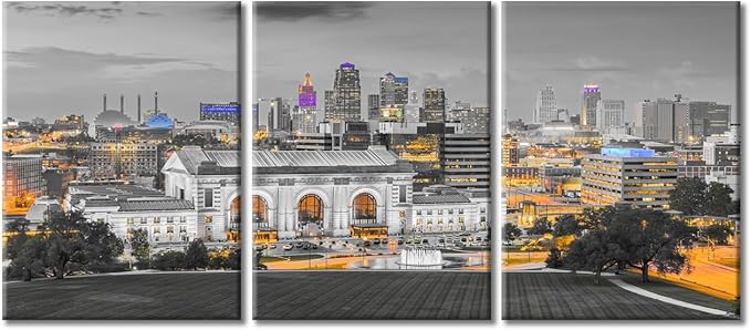 3 Pieces Kansas City Missouri Skyline Wall Decor for Living Room American Cityscape Artwork Wall Decor for Bedroom Giclee Wooden Framed Gallery-Wrapped Ready to Hang (36" Wx16 H)