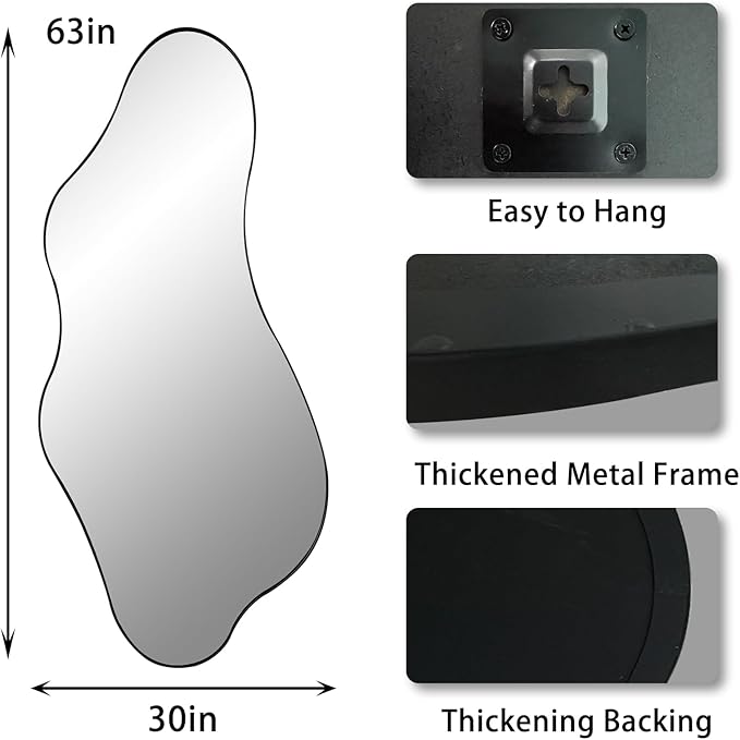 Large Irregular Mirror, 63"x30" Asymmetrical Aesthetic Wall Mirror with Metal Frame, Modern Organic Shaped Mirrors for Living Room Bedroom Hallway Entryway, Hangs Vertically or Horizontally
