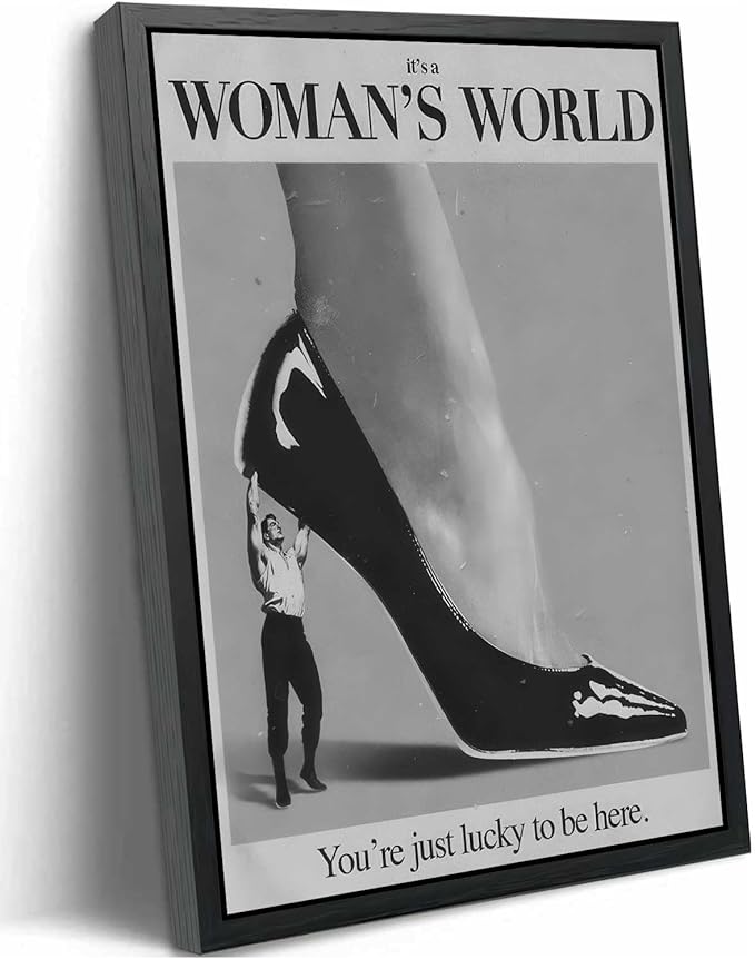Framed Retro Feminist Canvas Wall Art Vintage Black And White Trendy High Heel It's a Women's World Quote Painting Picture Wall Decor Poster Print Artwork for Dorm Bedroom Living Room Home Decoration