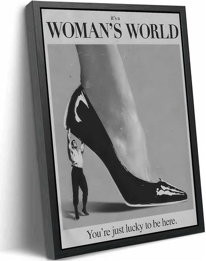 Framed Retro Feminist Canvas Wall Art Vintage Black And White Trendy High Heel It's a Women's World Quote Painting Picture Wall Decor Poster Print Artwork for Dorm Bedroom Living Room Home Decoration