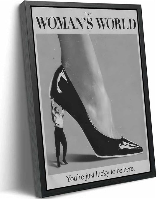 Framed Retro Feminist Canvas Wall Art Vintage Black And White Trendy High Heel It's a Women's World Quote Painting Picture Wall Decor Poster Print Artwork for Dorm Bedroom Living Room Home Decoration