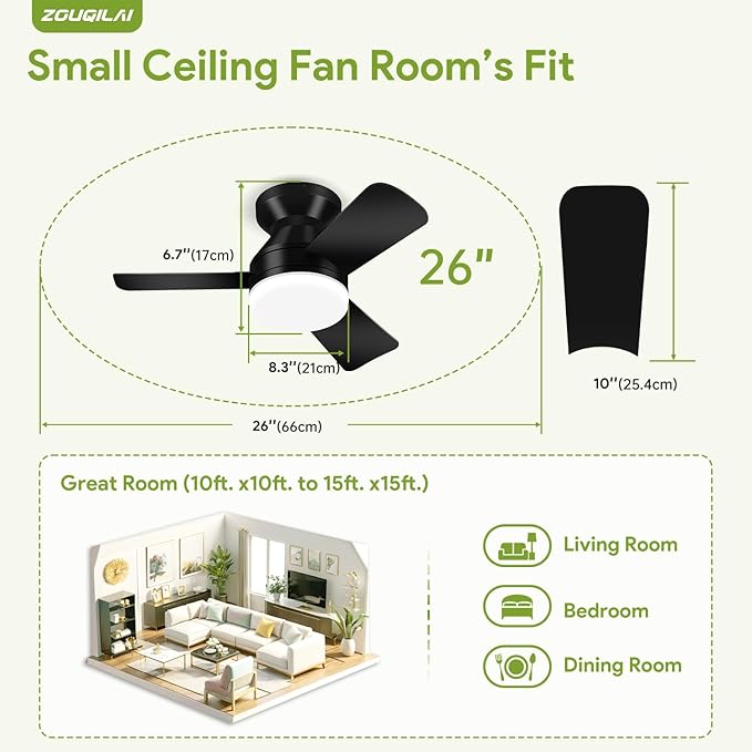 26" Black Ceiling Fans with Lights and Remote, Low Profile Ceiling Fan with Light, Reversible DC Motors, 3CCT Dimmable Timer Noiseless, Flush Mount Ceiling Fan for Bedroom/Living Room