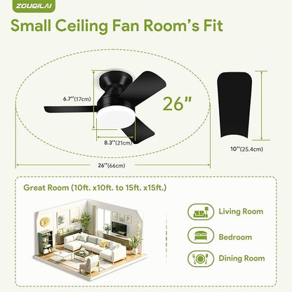26" Black Ceiling Fans with Lights and Remote, Low Profile Ceiling Fan with Light, Reversible DC Motors, 3CCT Dimmable Timer Noiseless, Flush Mount Ceiling Fan for Bedroom/Living Room