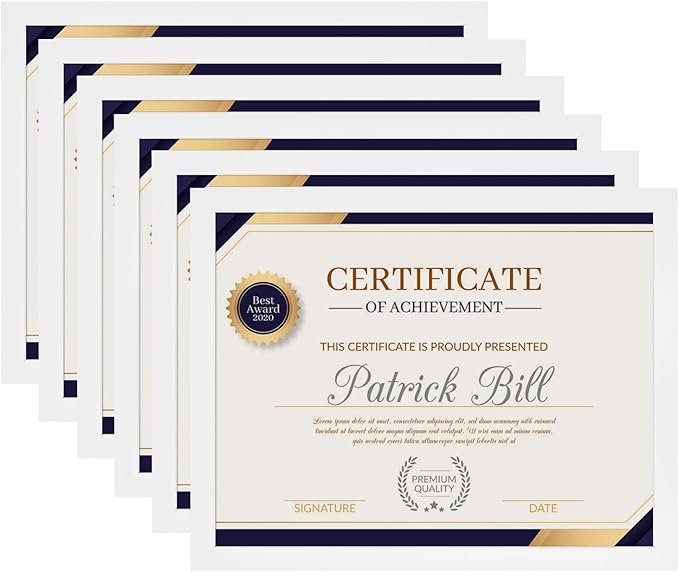 8.5x11 Picture Frame Set of 6, Certificate Document Frame, Diploma Frame, Display Pictures 6x8 with Mat or 8.5x11 Without Mat, White