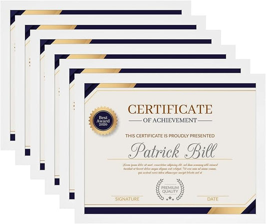 8.5x11 Picture Frame Set of 6, Certificate Document Frame, Diploma Frame, Display Pictures 6x8 with Mat or 8.5x11 Without Mat, White