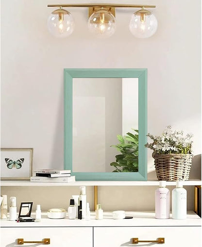 AAZZKANG Wood Framed Mirror Rectangle Modern Farmhouse Wall Mirrors Decor for Bedroom Living Room Bathroom Dressing Room Small Green