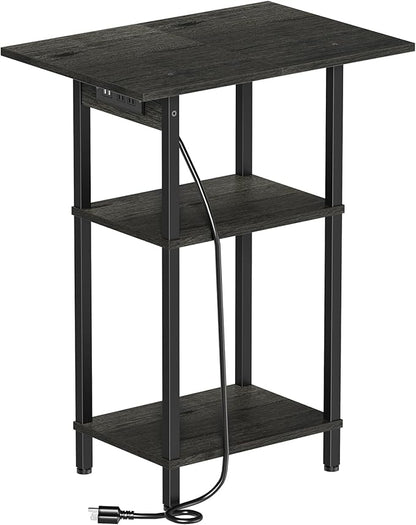 Asgolion Tall End Table with Charging Station, Skinny Nightstand with USB Ports and Outlets, 3 Tier Narrow Side Table with Storage for Bedroom, Living Room, Office, Carbon Gray