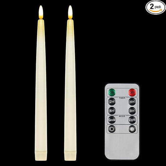 CVHOMEDECO. Flameless Taper Candles with 10-Key Remote, Battery Operated Led Flickering 3D Wick Window Candles Real Wax Finished Home Christmas Party Decor 0.78 x 11 Inch, Pack of 2 (Ivory)