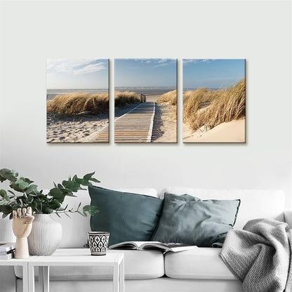 Pacimo Coastal Beach Canvas Wall Art - Pathway to Shoreline Artwork Painting on for Home Decor Oceanside Sea Grass Modern Prints Framed Ready Hang 12''x16''x3 Panel,(Wallart-3P-ER-10)