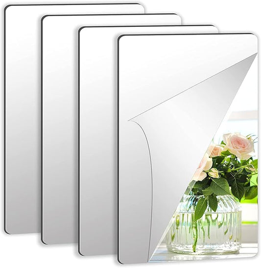 JUNEBRUSHS 4 Pack Self Adhesive Acrylic Mirror, 4X 6 Inch Mirror Tiles,Flexible Plastic Sheets Wall Stickers, 2MM Thick Mirror,Frameless Small