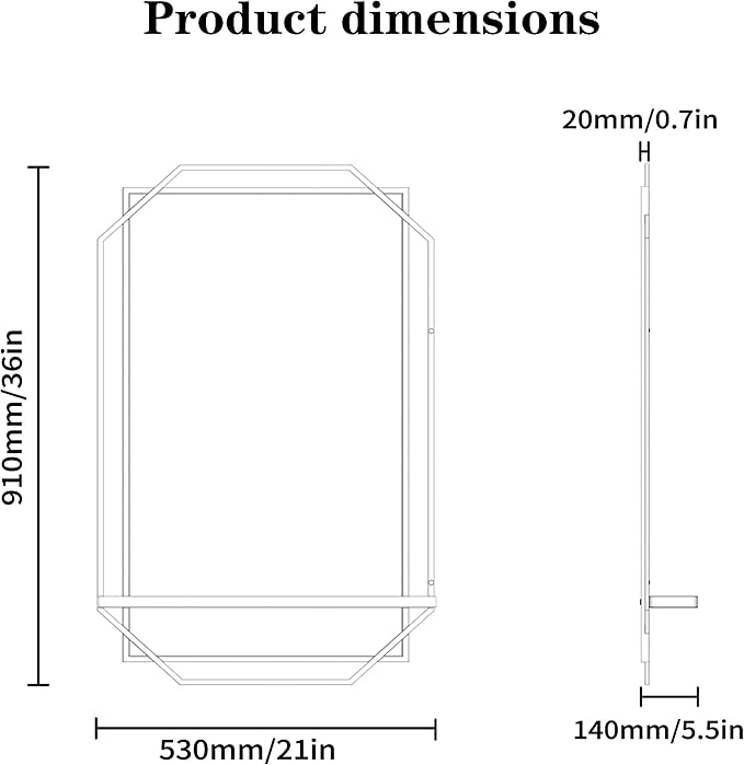 Black Bathroom Mirror with Shelf, 36" x 21" Mirror Wall Decor with Modern Art Rectangular Metal Frame for Living Room, Bedroom, Dining Room, Entryway