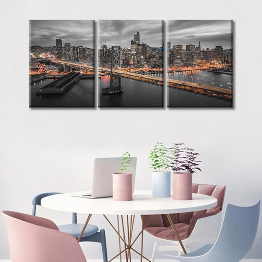 TUMOVO 3 Piece American Cityscape Wall Art for Living Room Cityscape View of San Francisco and the Bay Bridge at Night California Wall Decor for Bedroom Framed Ready to Hang (36" Wx16 H)